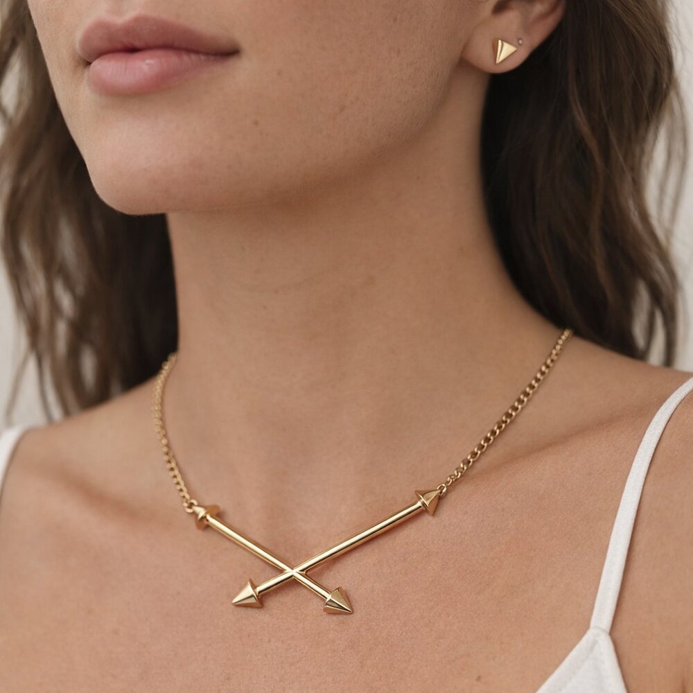 Know Your Direction Criss Crossed Arrows Necklace and Earrings Set Gold Tone